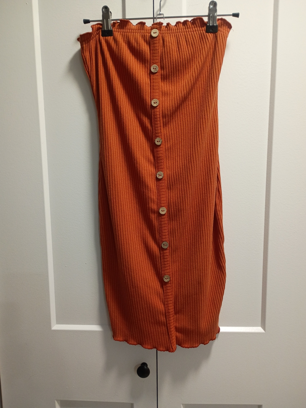 iris Strapless Ribbed Button-Front Dress in Rust Orange
